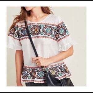 Anthropologie White Blouse with Colorful Embroidery